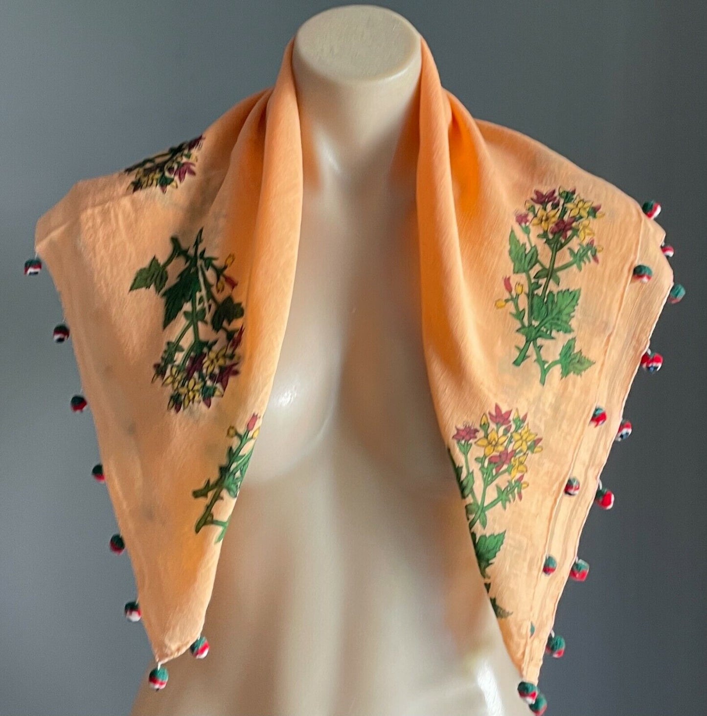 64cm x 72cm Square Neck SCARF Salmon COTTON Floral Print  Pom Poms Stunning