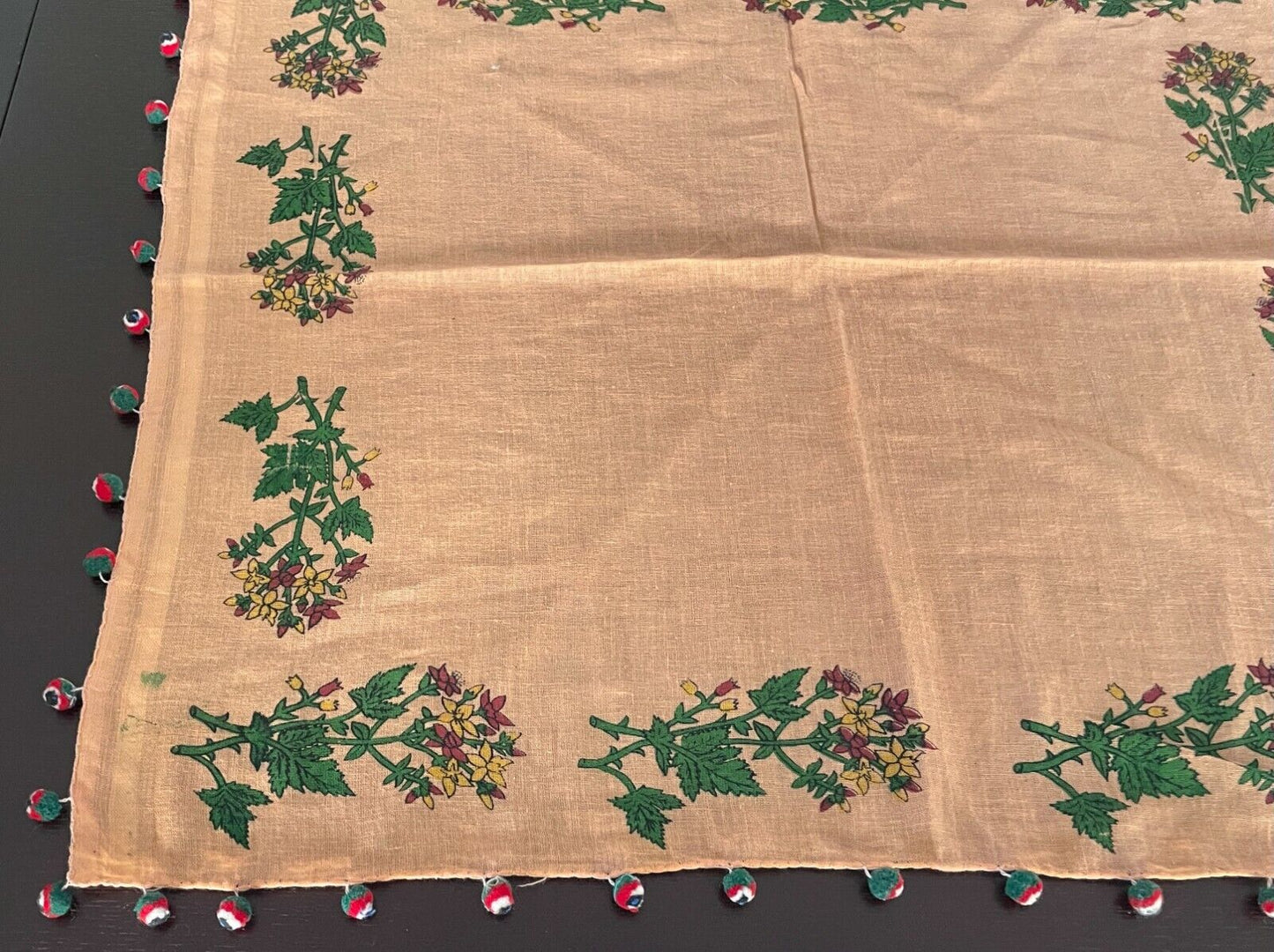 64cm x 72cm Square Neck SCARF Salmon COTTON Floral Print  Pom Poms Stunning
