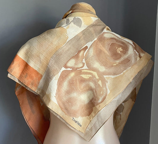 Large Neck Scarf  TRENT NATHAN Brown Shades Taupe Orange Floral 85cm Square