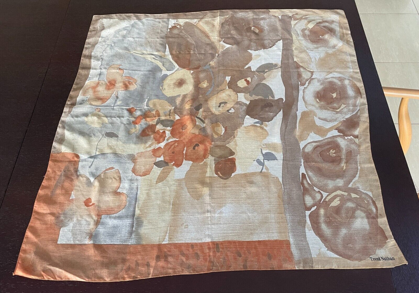 Large Neck Scarf  TRENT NATHAN Brown Shades Taupe Orange Floral 85cm Square
