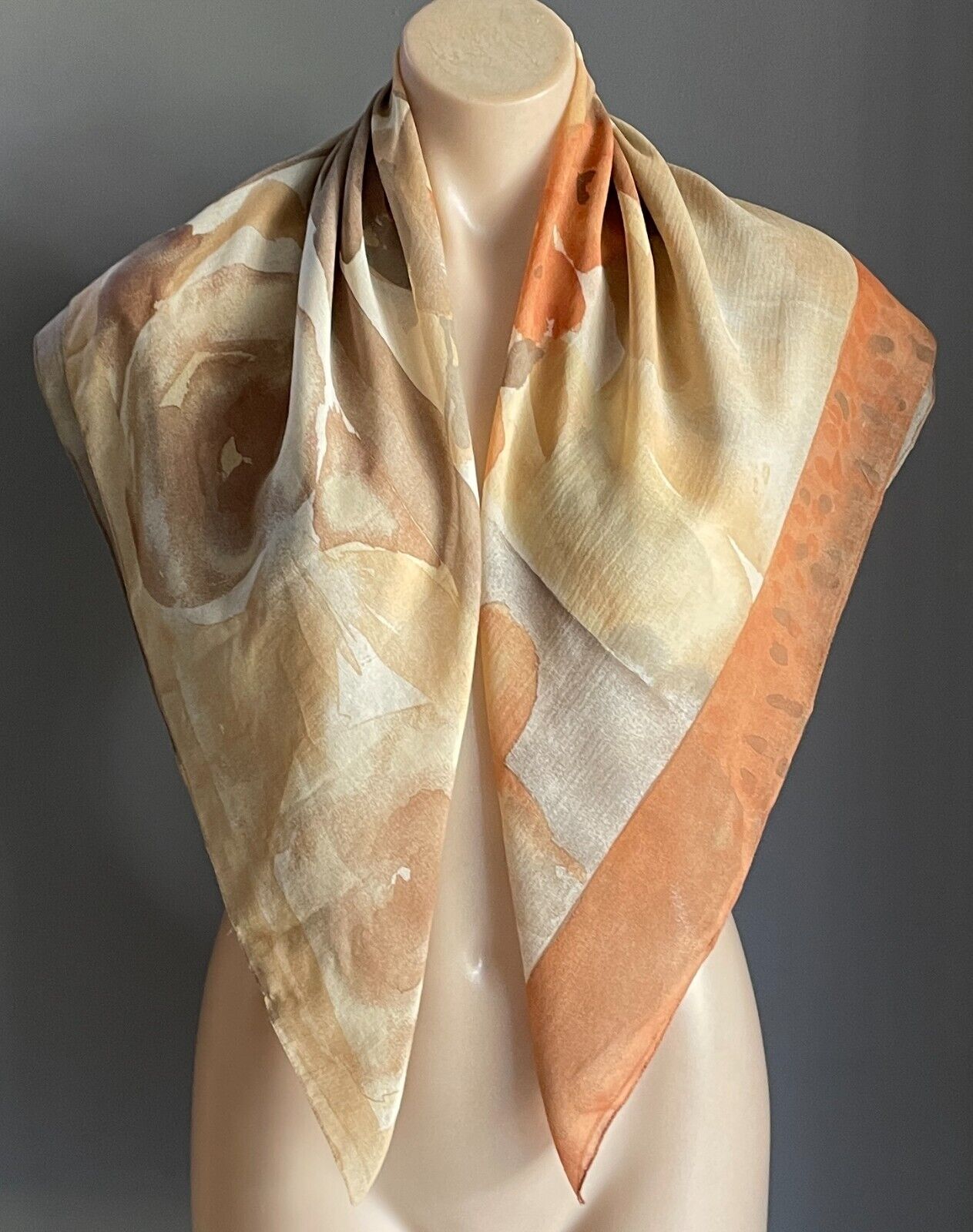 Large Neck Scarf  TRENT NATHAN Brown Shades Taupe Orange Floral 85cm Square