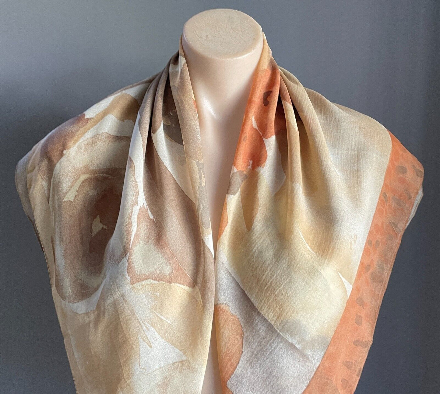 Large Neck Scarf  TRENT NATHAN Brown Shades Taupe Orange Floral 85cm Square