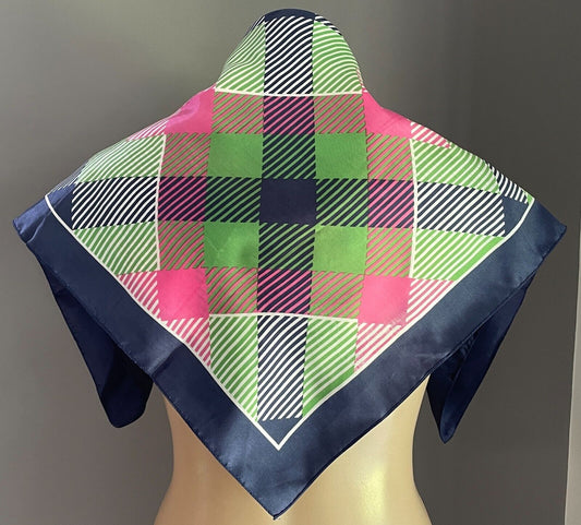 67cm Square NECK SCARF Navy Pink Green White Diamond Print Wrap Large