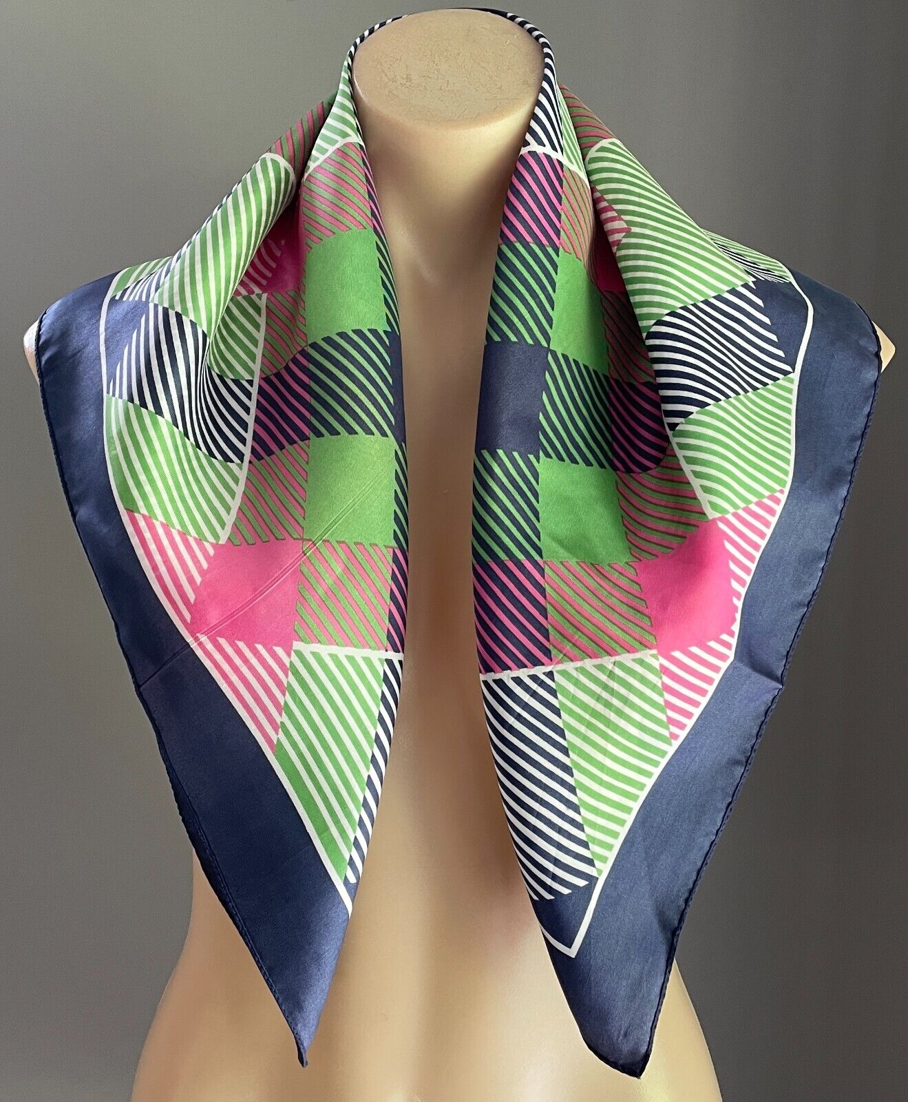 67cm Square NECK SCARF Navy Pink Green White Diamond Print Wrap Large