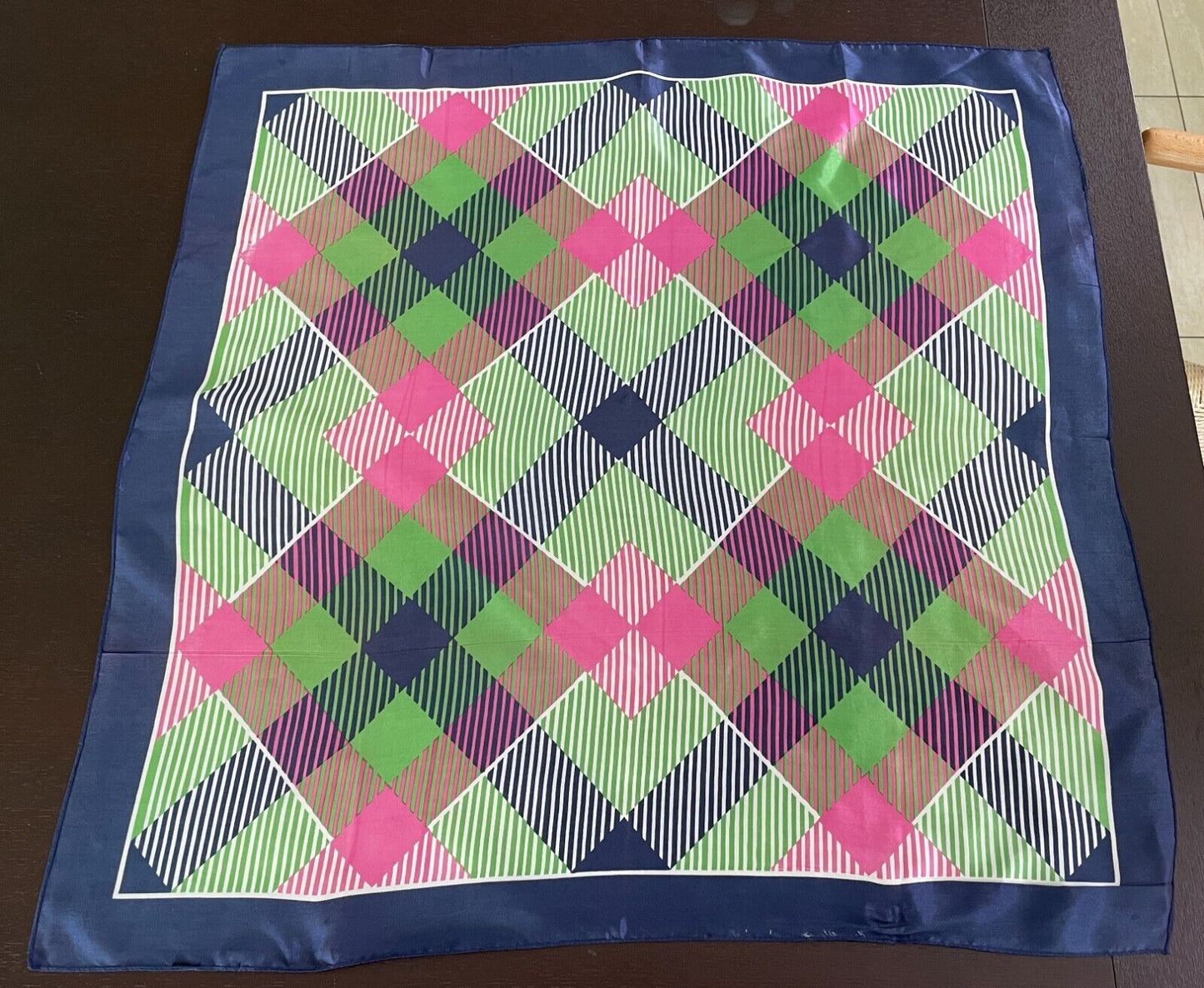 67cm Square NECK SCARF Navy Pink Green White Diamond Print Wrap Large