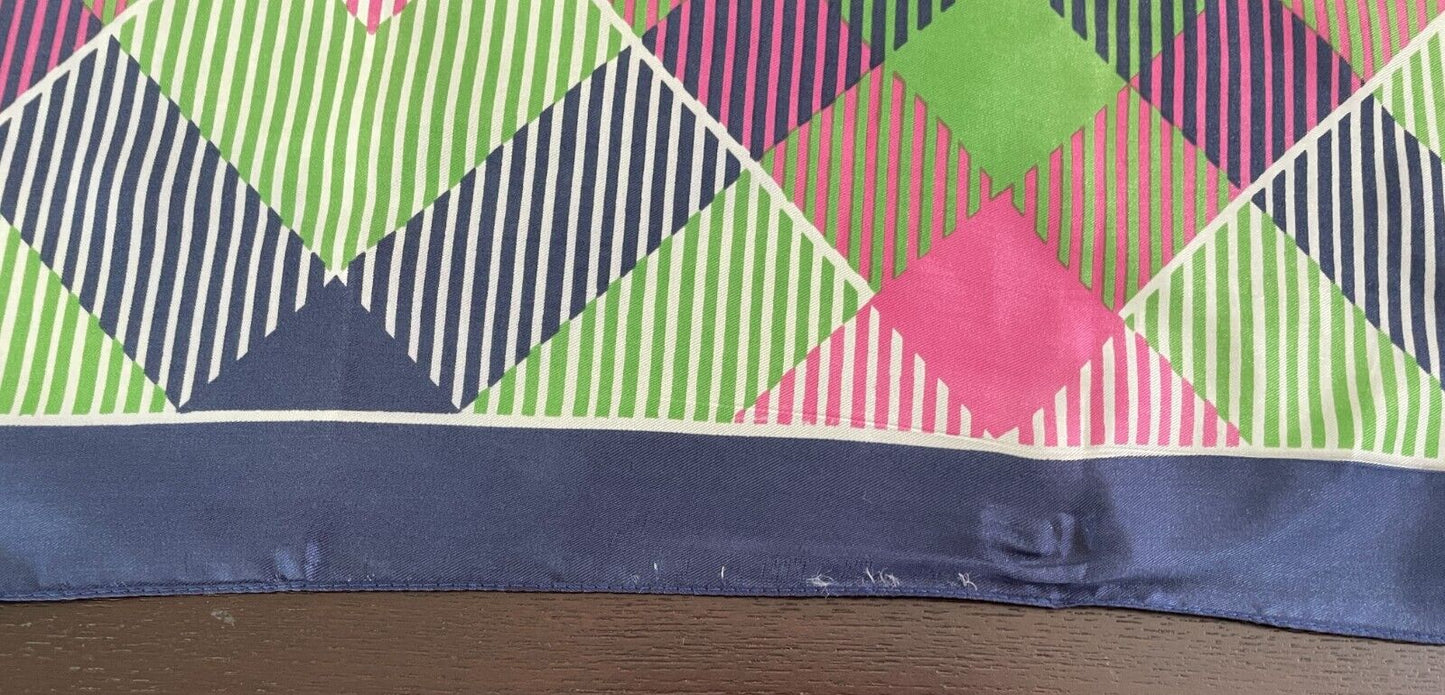 67cm Square NECK SCARF Navy Pink Green White Diamond Print Wrap Large