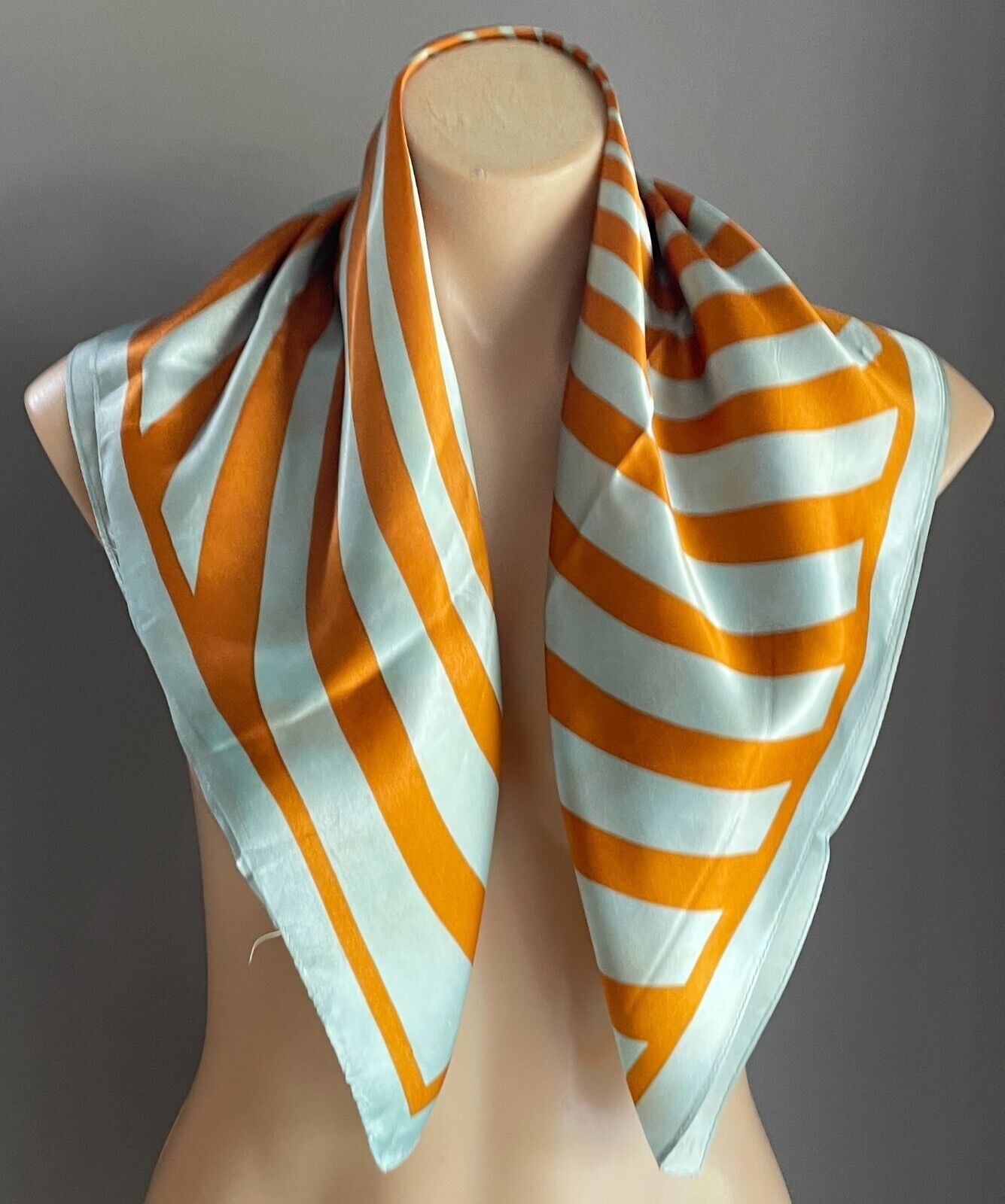 66cm Square Neck SCARF Vintage Sage Green Orange Gold Psychedelic Print Stunning