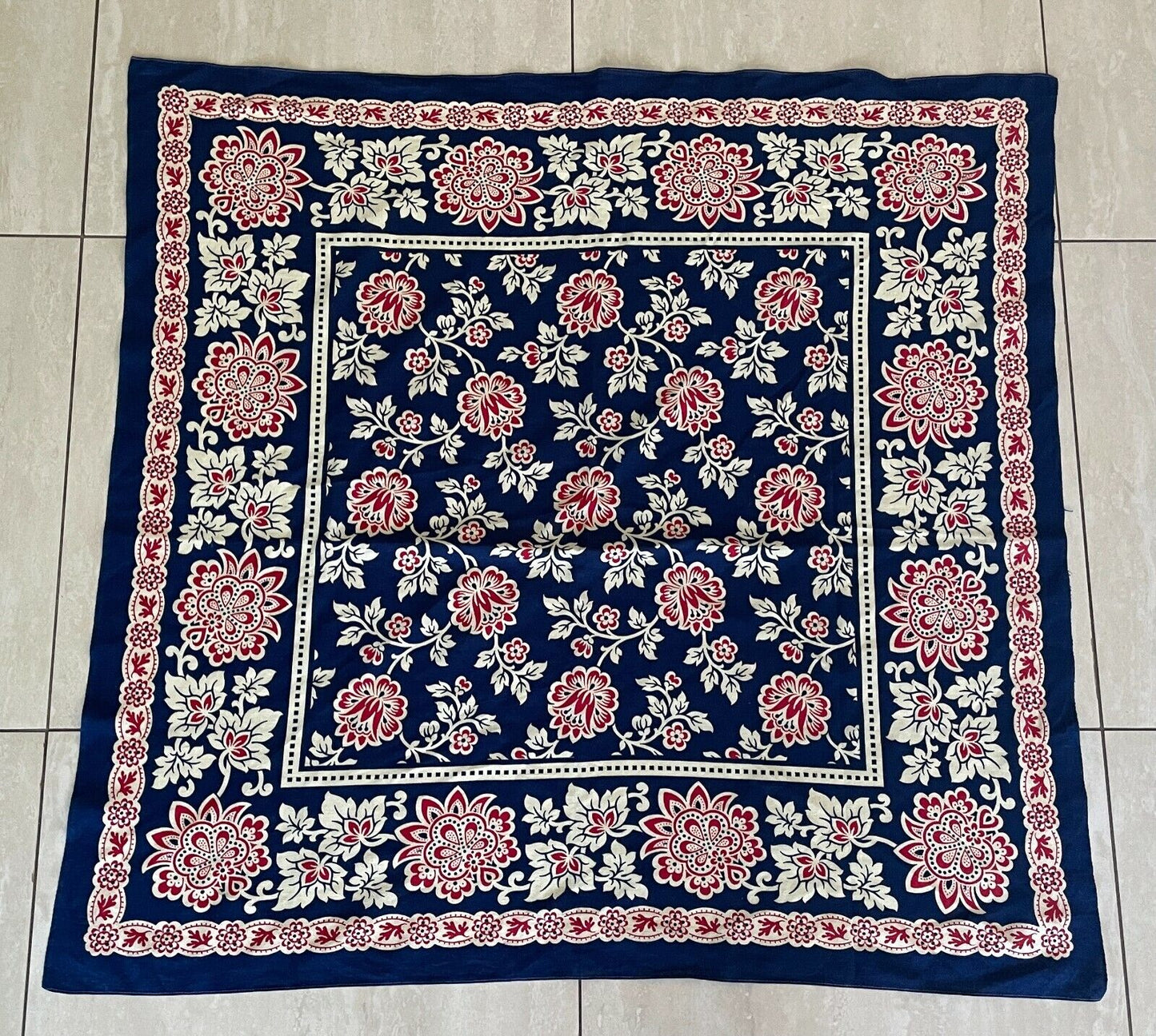 84x 89cm Square Neck SCARF Navy Blue Red Cream Floral Shawl Wrap Waist Large