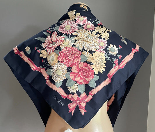 Large Square Neck Scarf CREASEY'S Navy Multicolour Butterfly & Floral Print