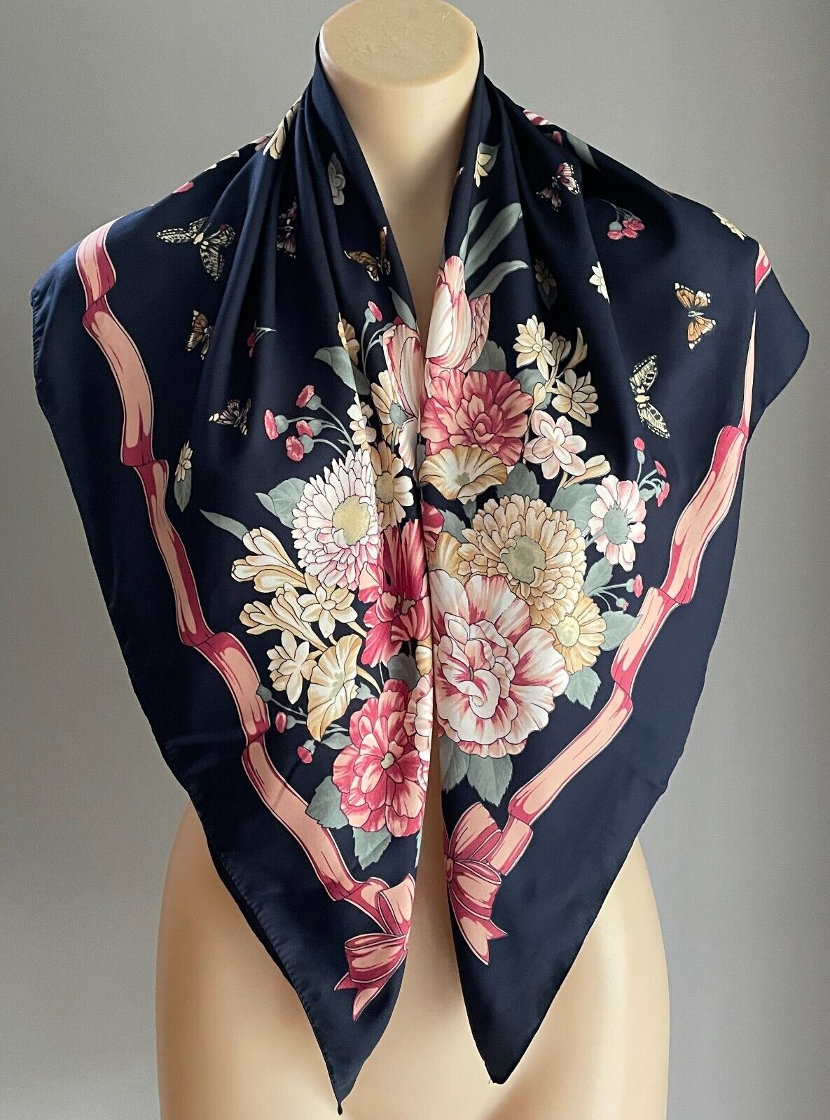 Large Square Neck Scarf CREASEY'S Navy Multicolour Butterfly & Floral Print