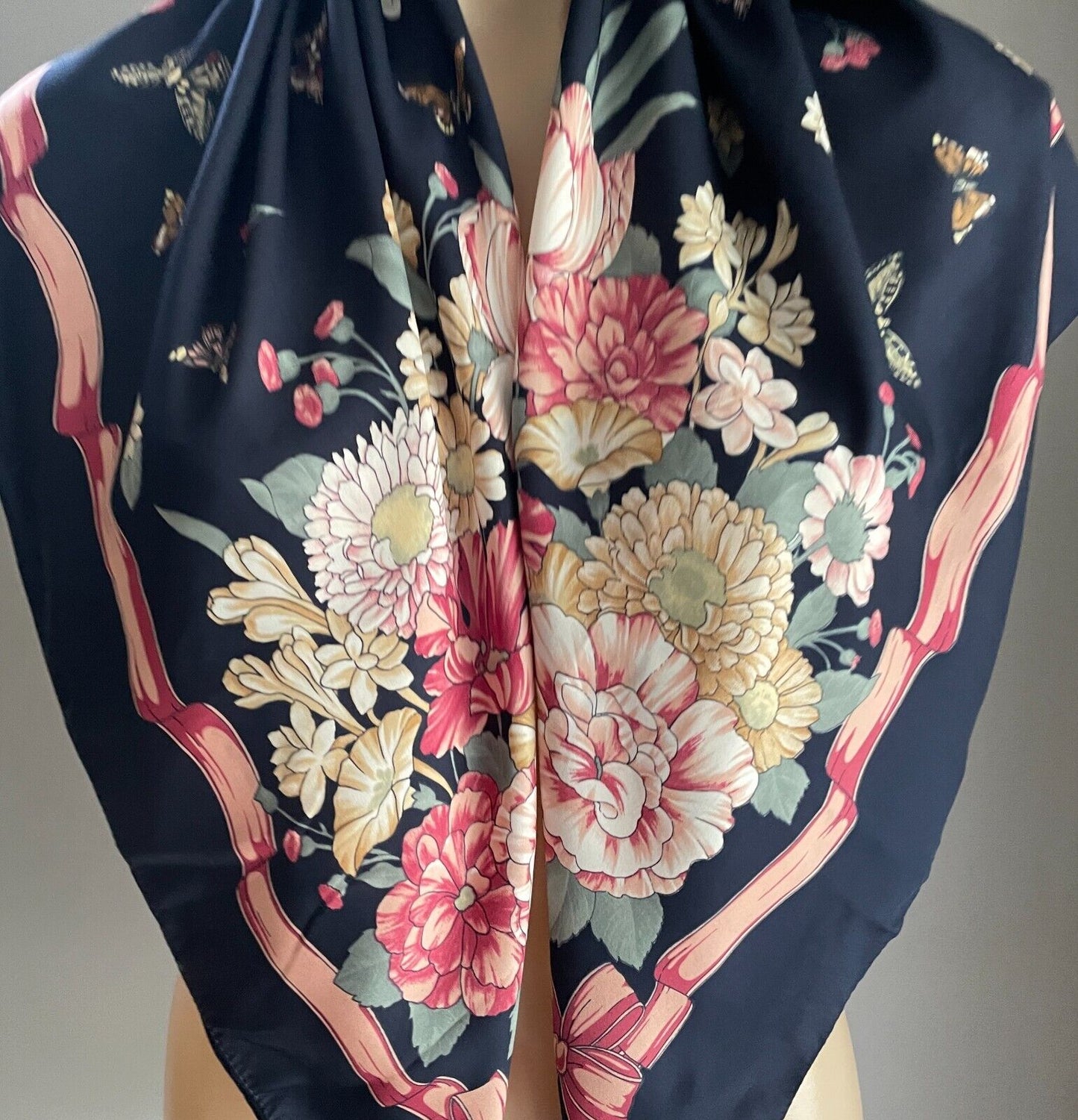 Large Square Neck Scarf CREASEY'S Navy Multicolour Butterfly & Floral Print