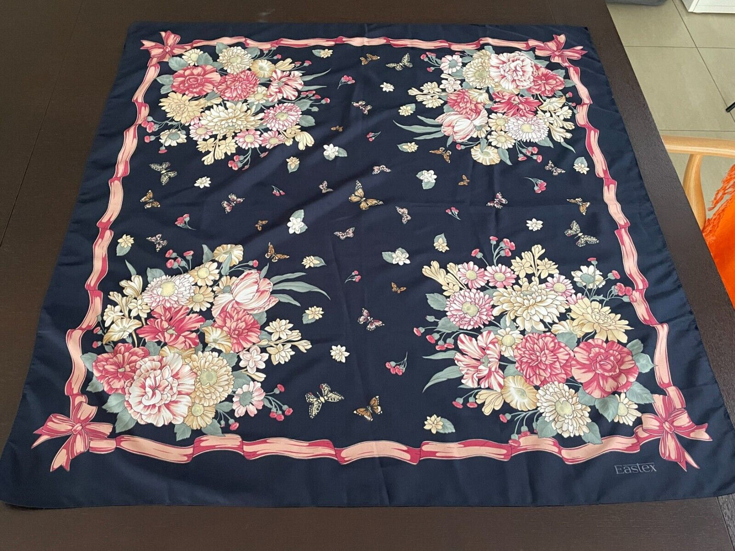 Large Square Neck Scarf CREASEY'S Navy Multicolour Butterfly & Floral Print