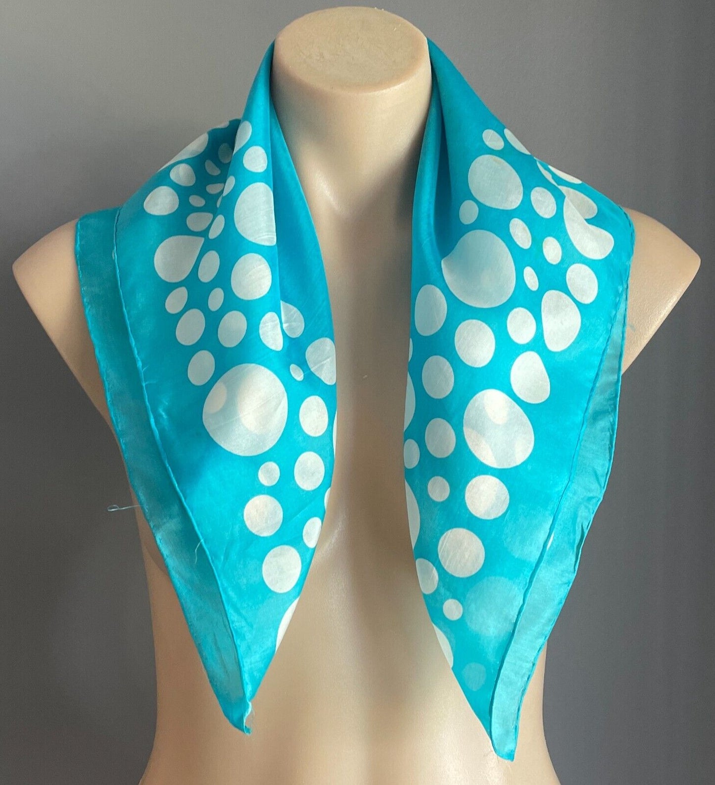 58cm Square Neck SCARF Turquoise Blue & White Polka Dot Vintage 1950s Stunning!