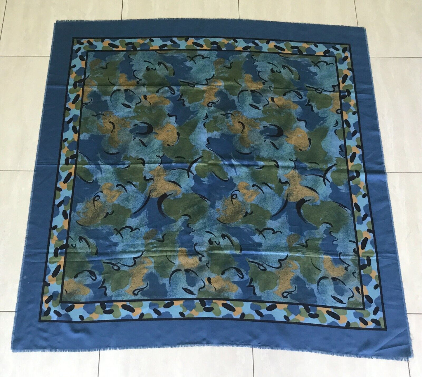 Square Neck SCARF Blue Black Khaki Gold Abstract Print Shawl Wrap 117cm NEW