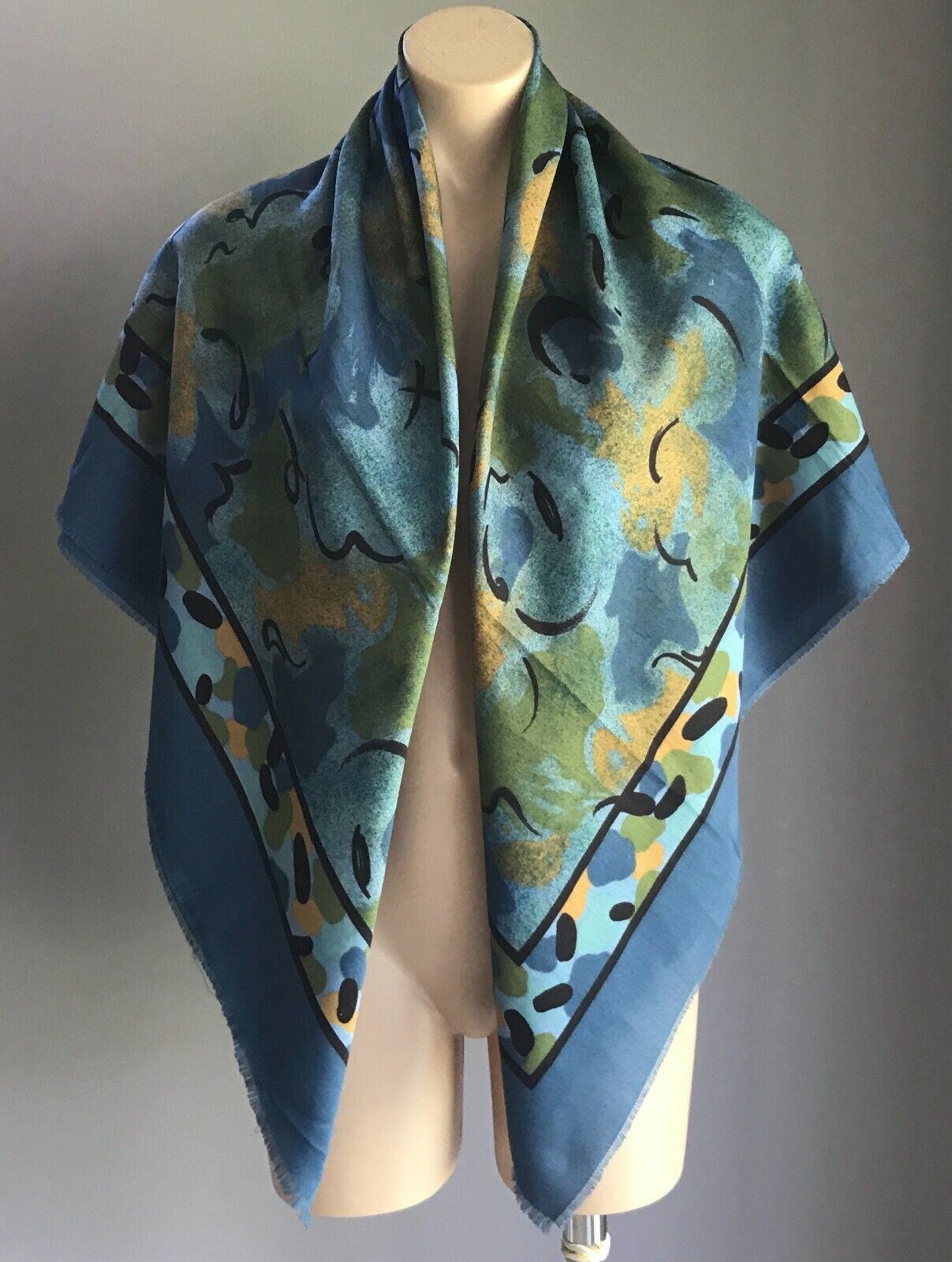 Square Neck SCARF Blue Black Khaki Gold Abstract Print Shawl Wrap 117cm NEW