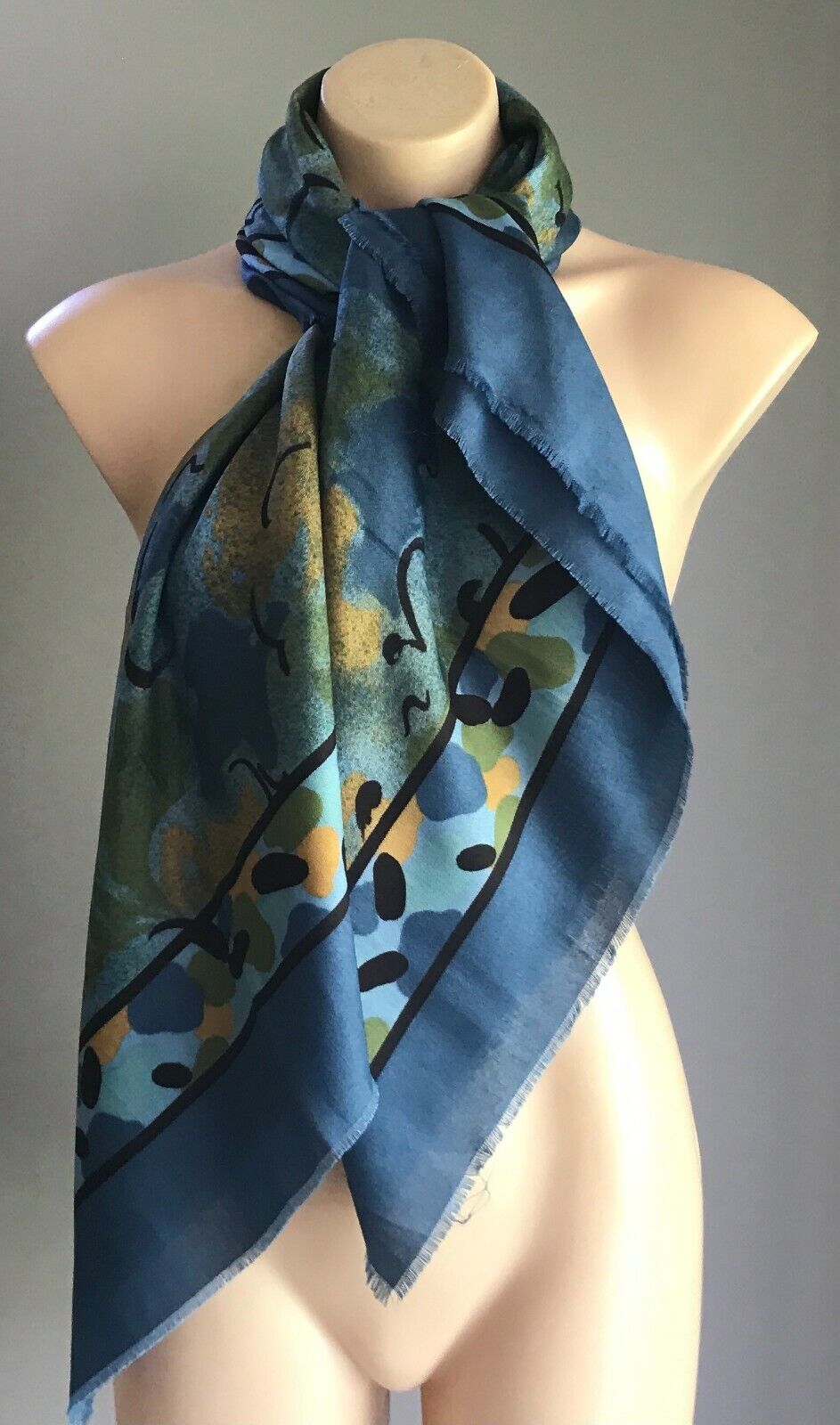 Square Neck SCARF Blue Black Khaki Gold Abstract Print Shawl Wrap 117cm NEW