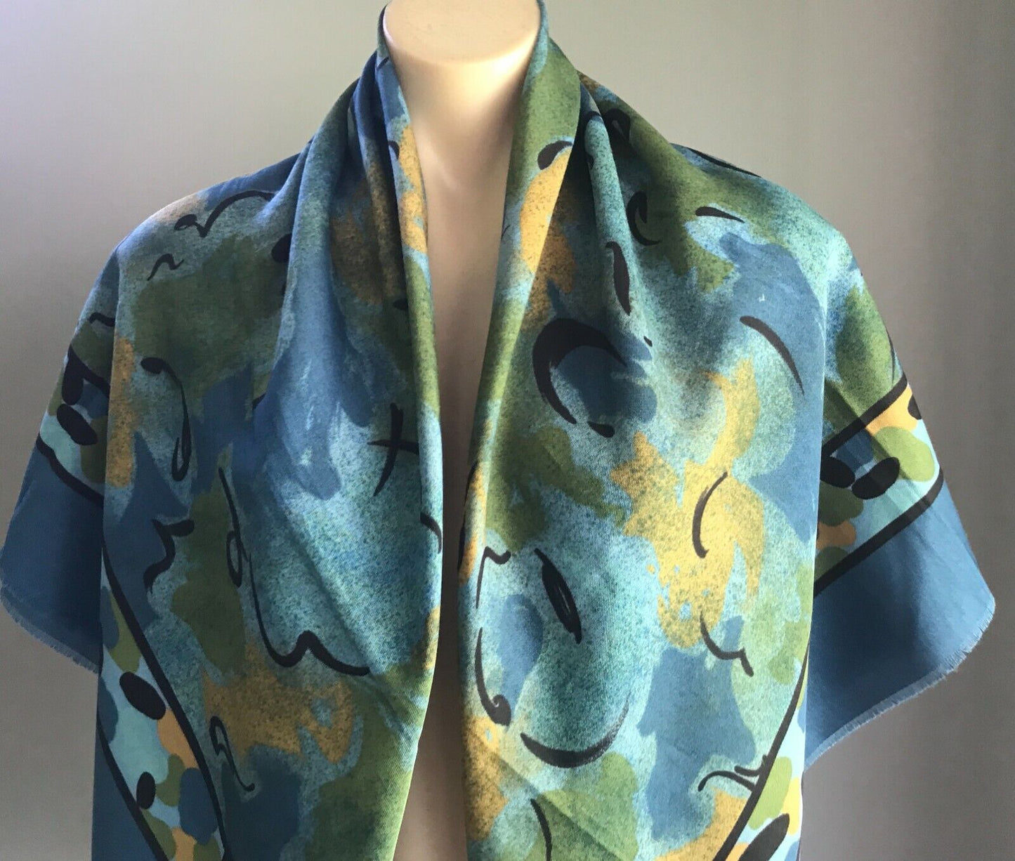 Square Neck SCARF Blue Black Khaki Gold Abstract Print Shawl Wrap 117cm NEW