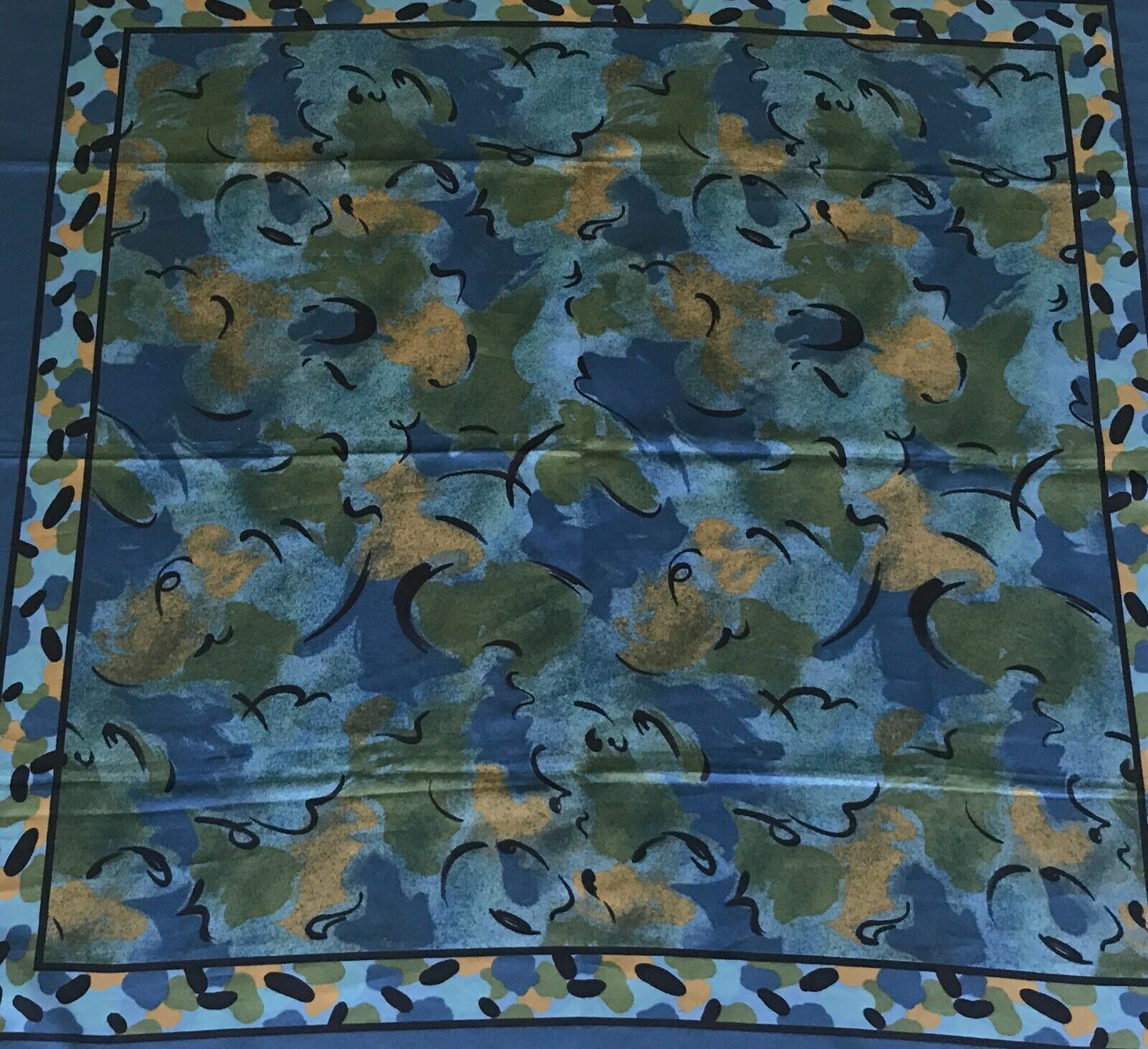 Square Neck SCARF Blue Black Khaki Gold Abstract Print Shawl Wrap 117cm NEW