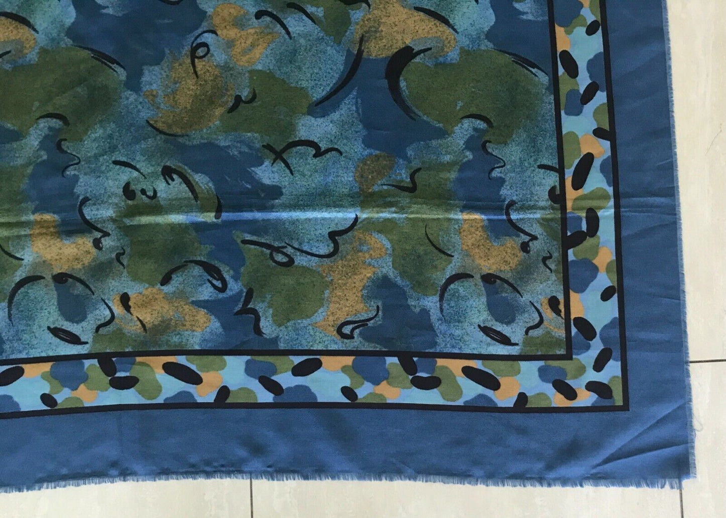 Square Neck SCARF Blue Black Khaki Gold Abstract Print Shawl Wrap 117cm NEW