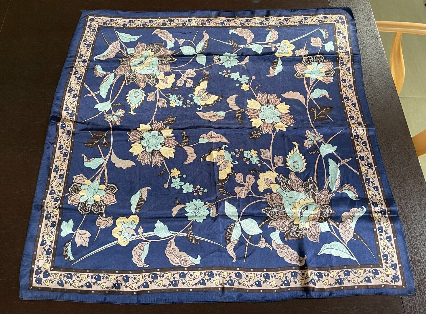 Satin Square Neck SCARF Butterfly Floral Blue Green Taupe Gold 73x74cm Stunning