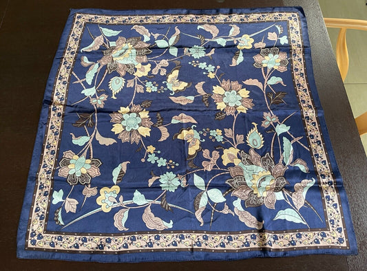 Satin Square Neck SCARF Butterfly Floral Blue Green Taupe Gold 73x74cm Stunning