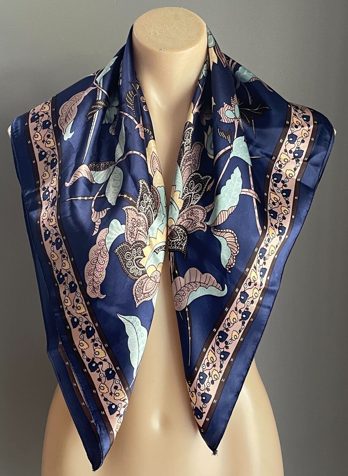 Satin Square Neck SCARF Butterfly Floral Blue Green Taupe Gold 73x74cm Stunning