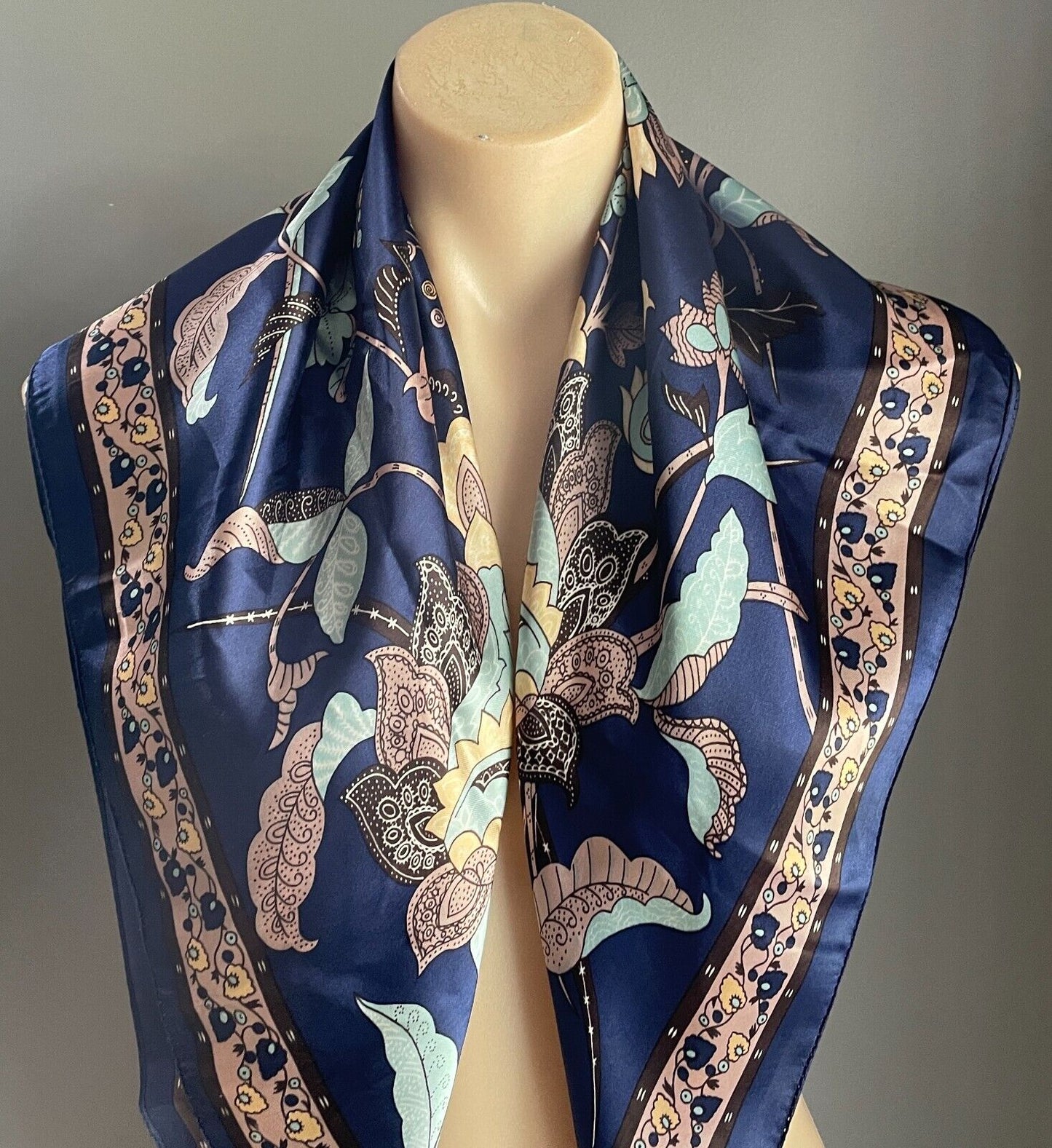Satin Square Neck SCARF Butterfly Floral Blue Green Taupe Gold 73x74cm Stunning