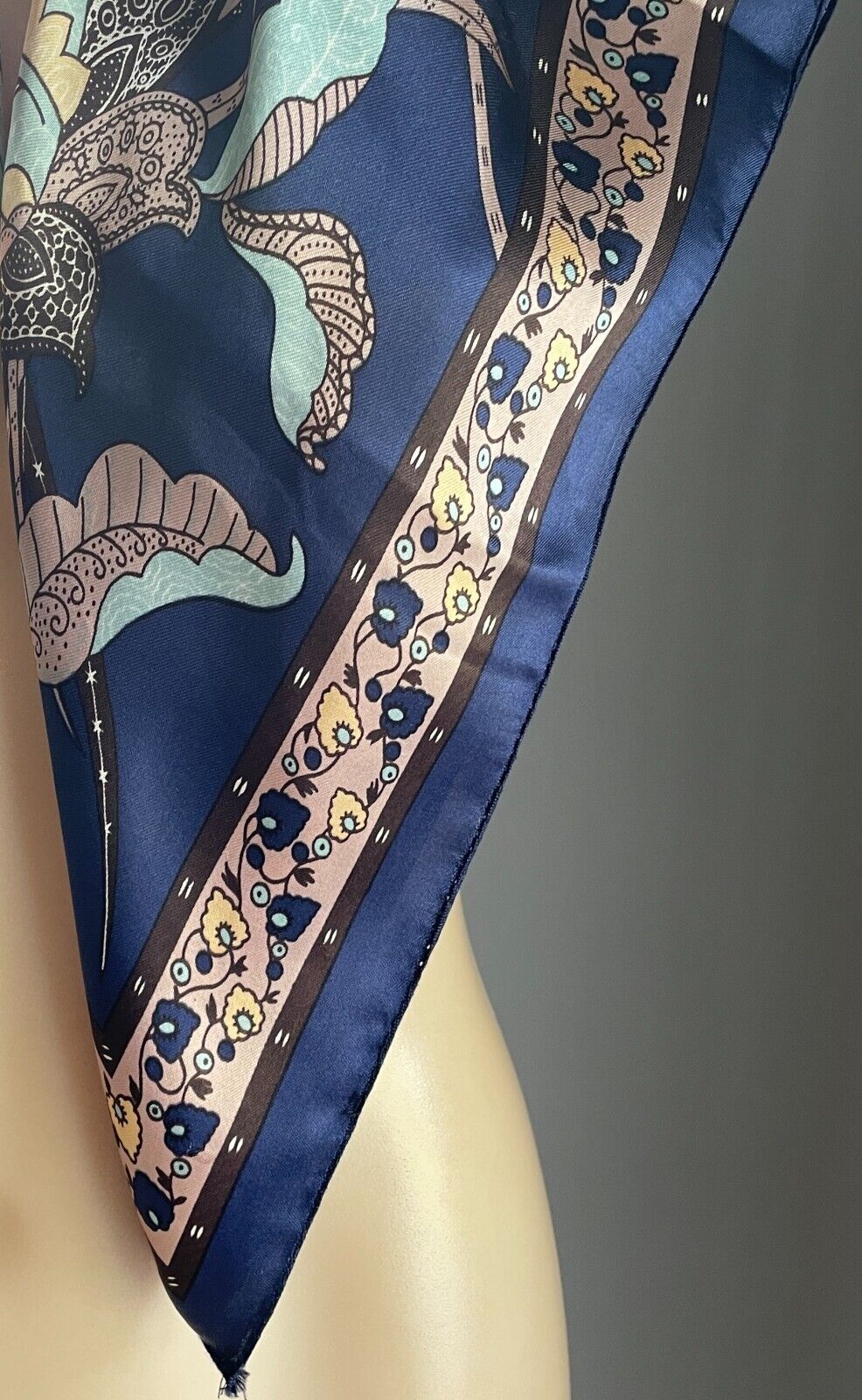 Satin Square Neck SCARF Butterfly Floral Blue Green Taupe Gold 73x74cm Stunning