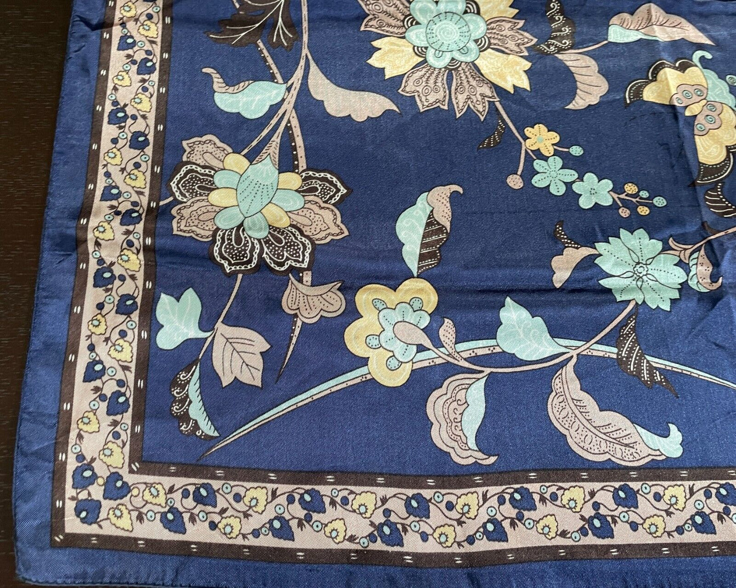 Satin Square Neck SCARF Butterfly Floral Blue Green Taupe Gold 73x74cm Stunning