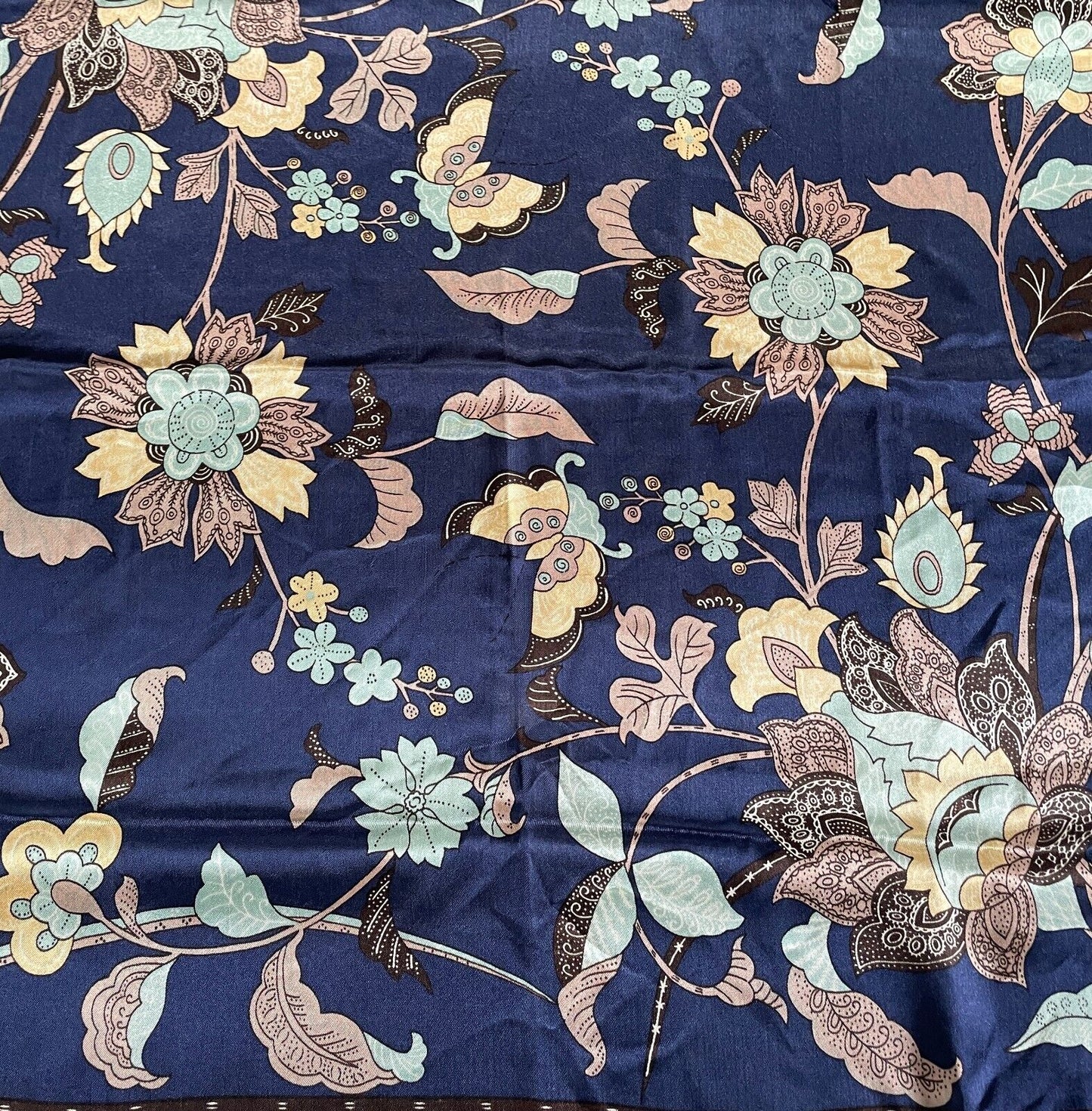 Satin Square Neck SCARF Butterfly Floral Blue Green Taupe Gold 73x74cm Stunning
