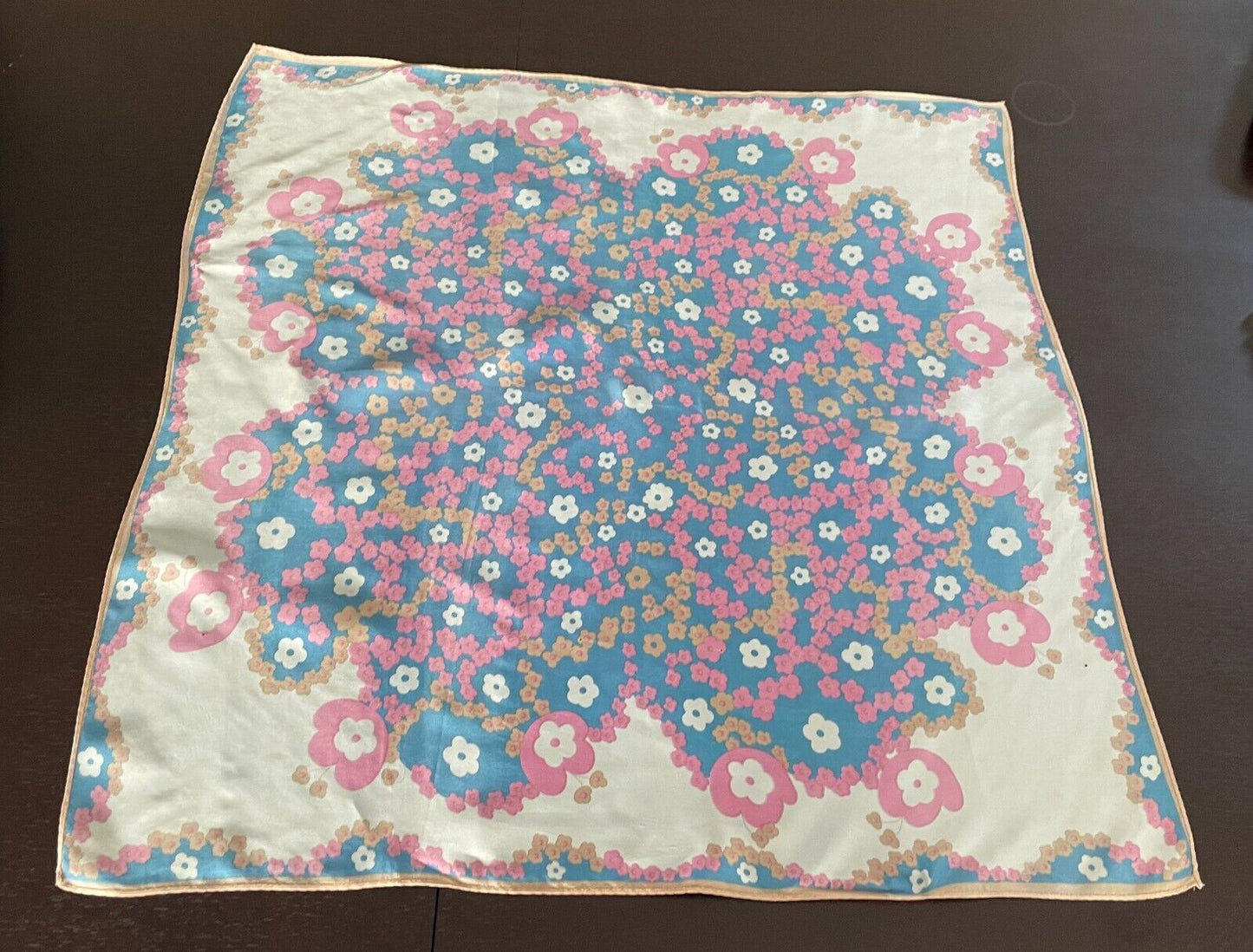 Square Neck SCARF White Pink Blue Beige Pastel Flower Floral Print 67cm Stunning