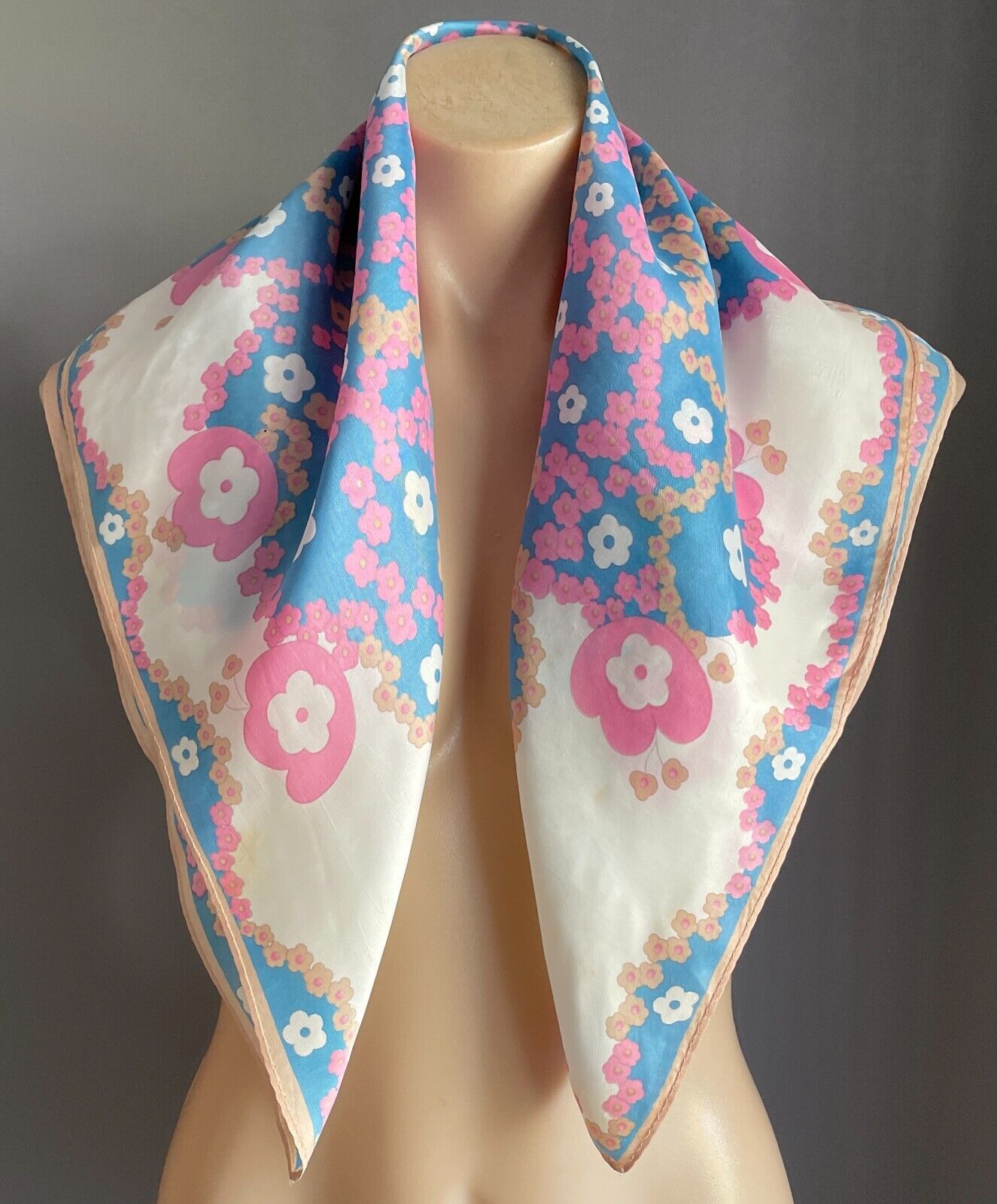 Square Neck SCARF White Pink Blue Beige Pastel Flower Floral Print 67cm Stunning