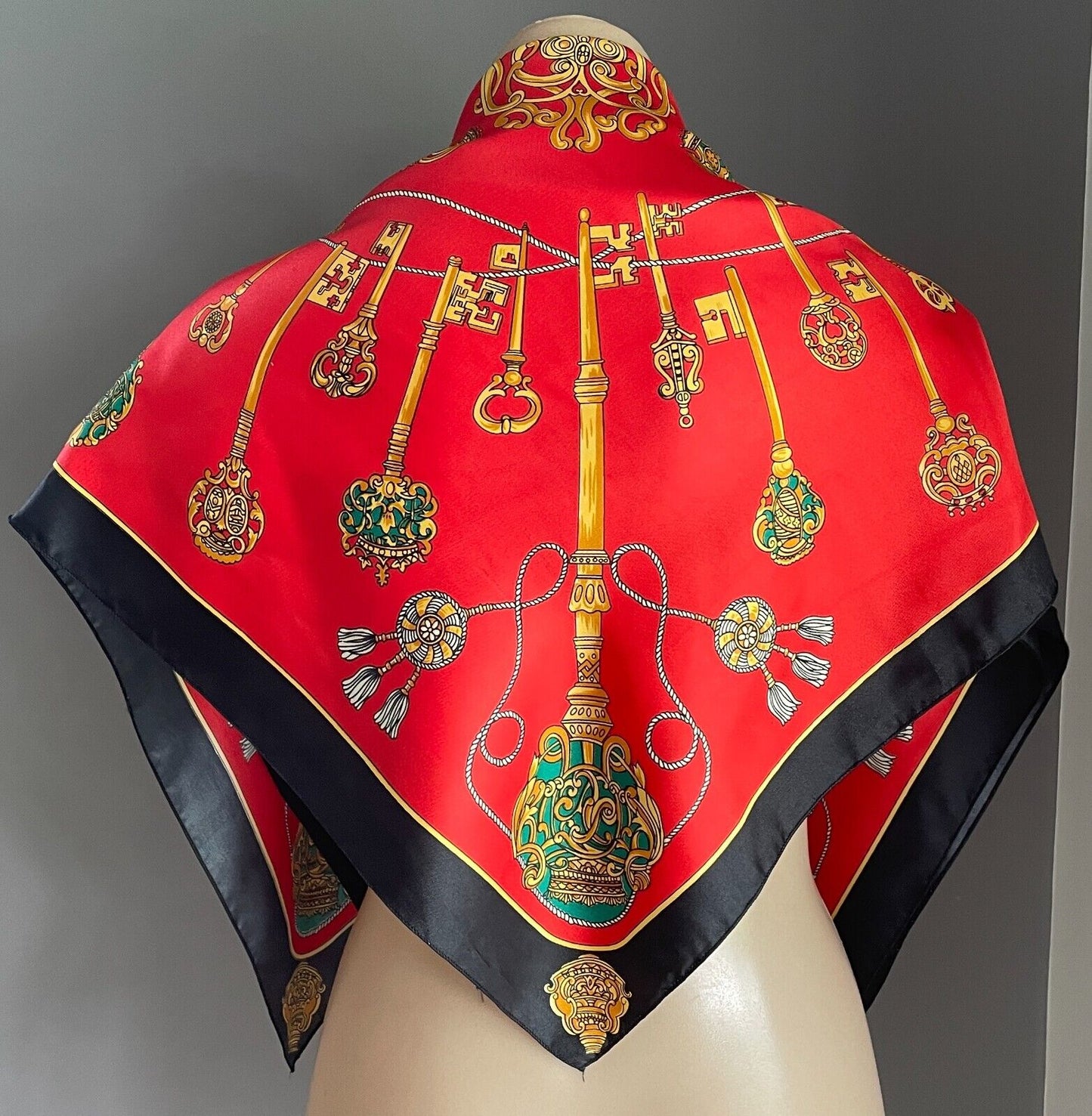Vintage Square Neck SCARF Red Black & Gold Key & Charm Print 1990s 87x89cm Silky