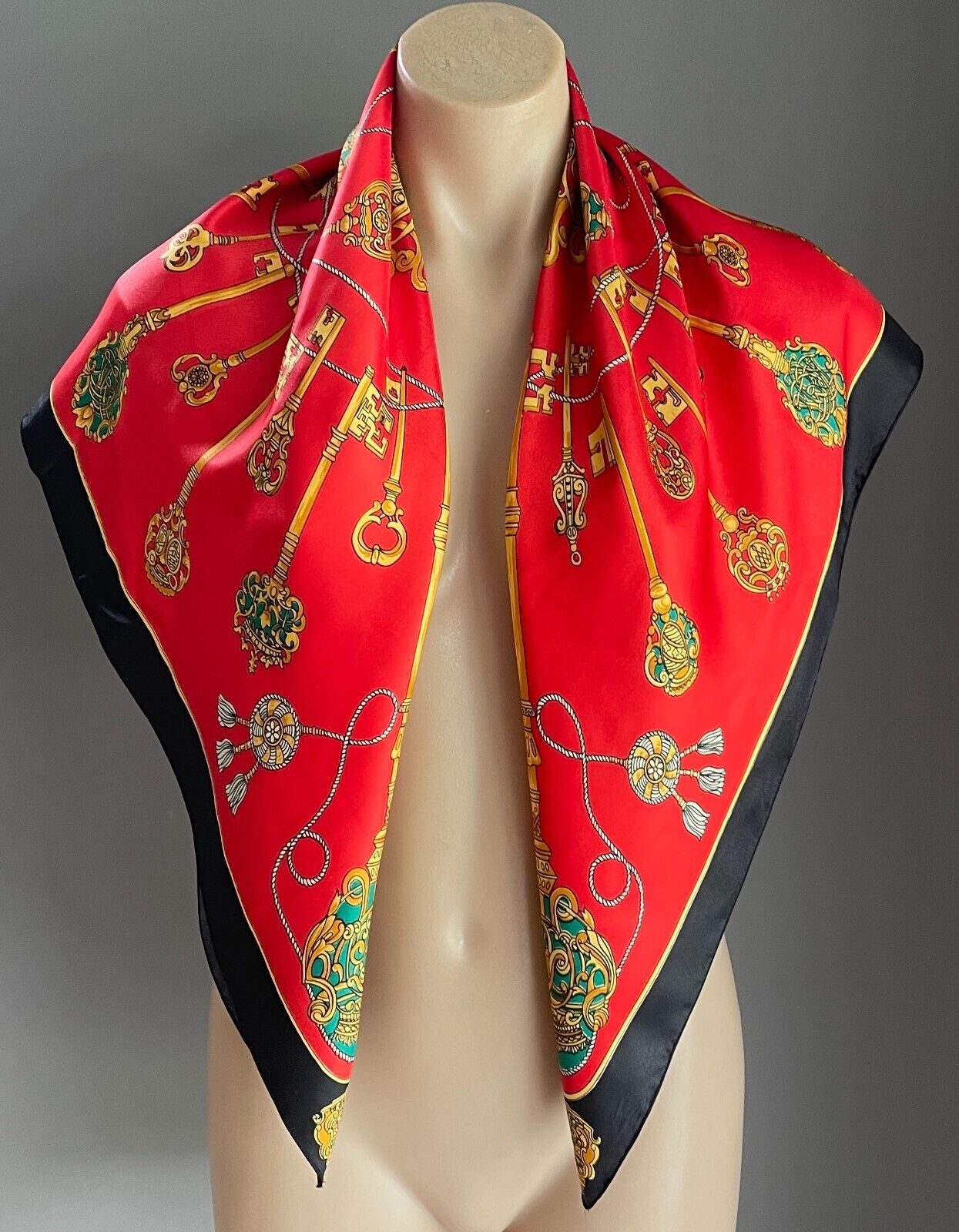 Vintage Square Neck SCARF Red Black & Gold Key & Charm Print 1990s 87x89cm Silky