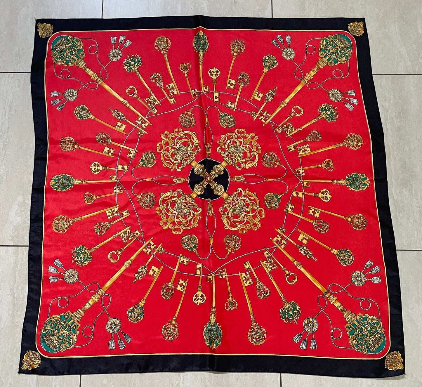 Vintage Square Neck SCARF Red Black & Gold Key & Charm Print 1990s 87x89cm Silky