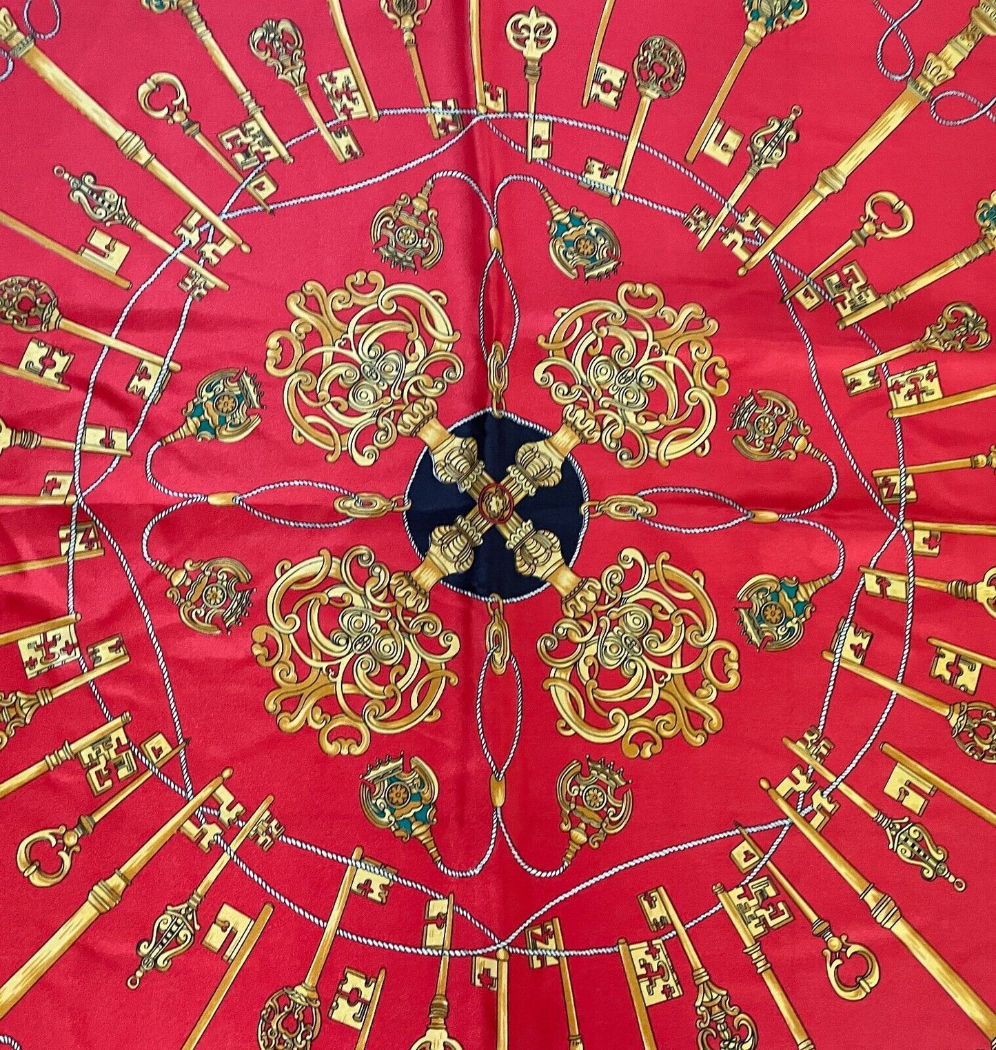 Vintage Square Neck SCARF Red Black & Gold Key & Charm Print 1990s 87x89cm Silky