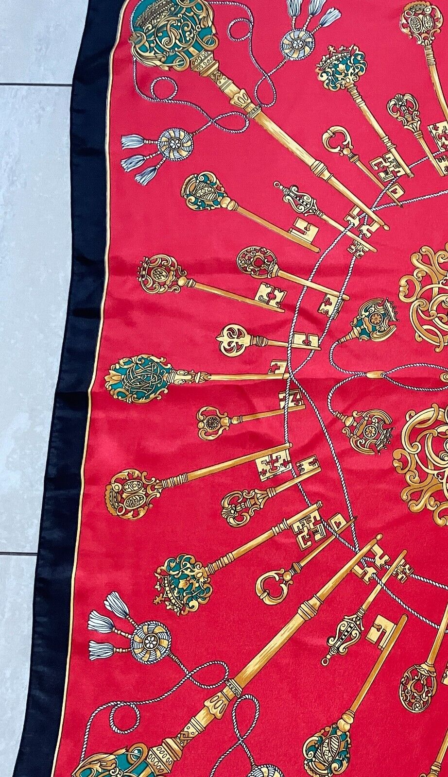 Vintage Square Neck SCARF Red Black & Gold Key & Charm Print 1990s 87x89cm Silky