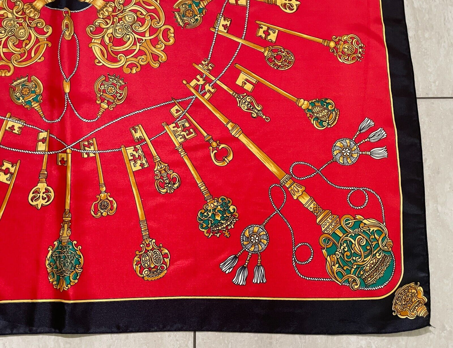 Vintage Square Neck SCARF Red Black & Gold Key & Charm Print 1990s 87x89cm Silky