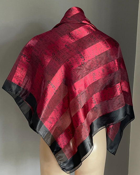 Large Neck Scarf  PARIS FRANCE Souvenir Square Burgundy Black Shawl Wrap 96cm