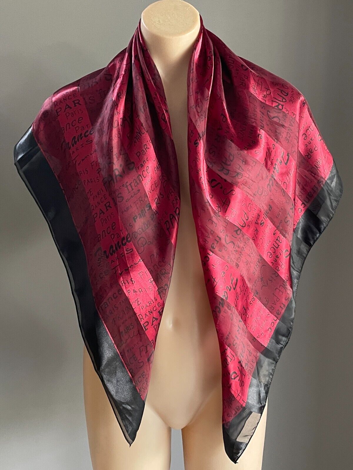Large Neck Scarf  PARIS FRANCE Souvenir Square Burgundy Black Shawl Wrap 96cm