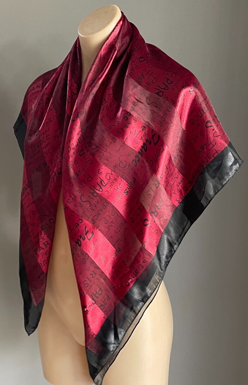Large Neck Scarf  PARIS FRANCE Souvenir Square Burgundy Black Shawl Wrap 96cm