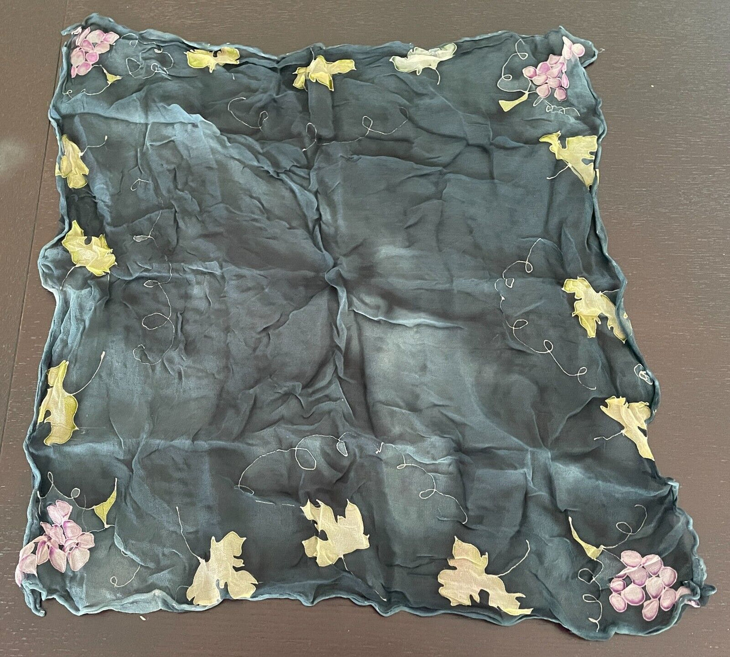 Silk NECK SCARF Dark Teal Ombre Yellow Purple Print Neckerchief Foulard 46cm Sq