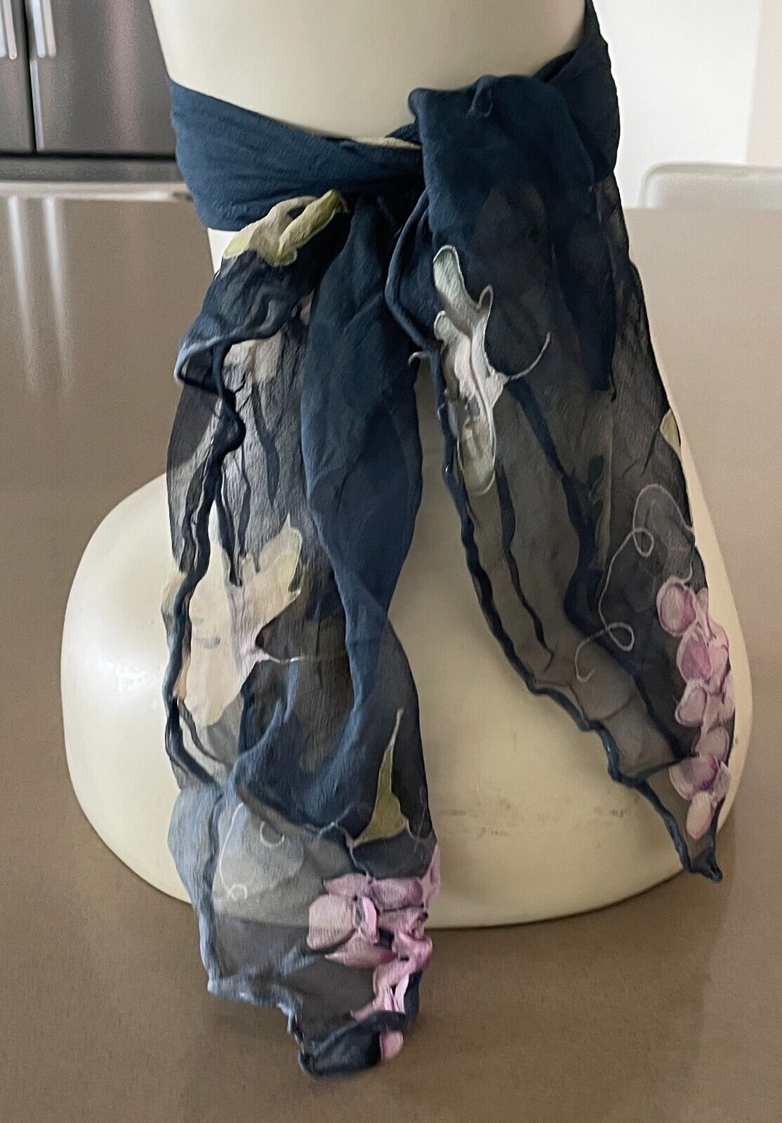 Silk NECK SCARF Dark Teal Ombre Yellow Purple Print Neckerchief Foulard 46cm Sq