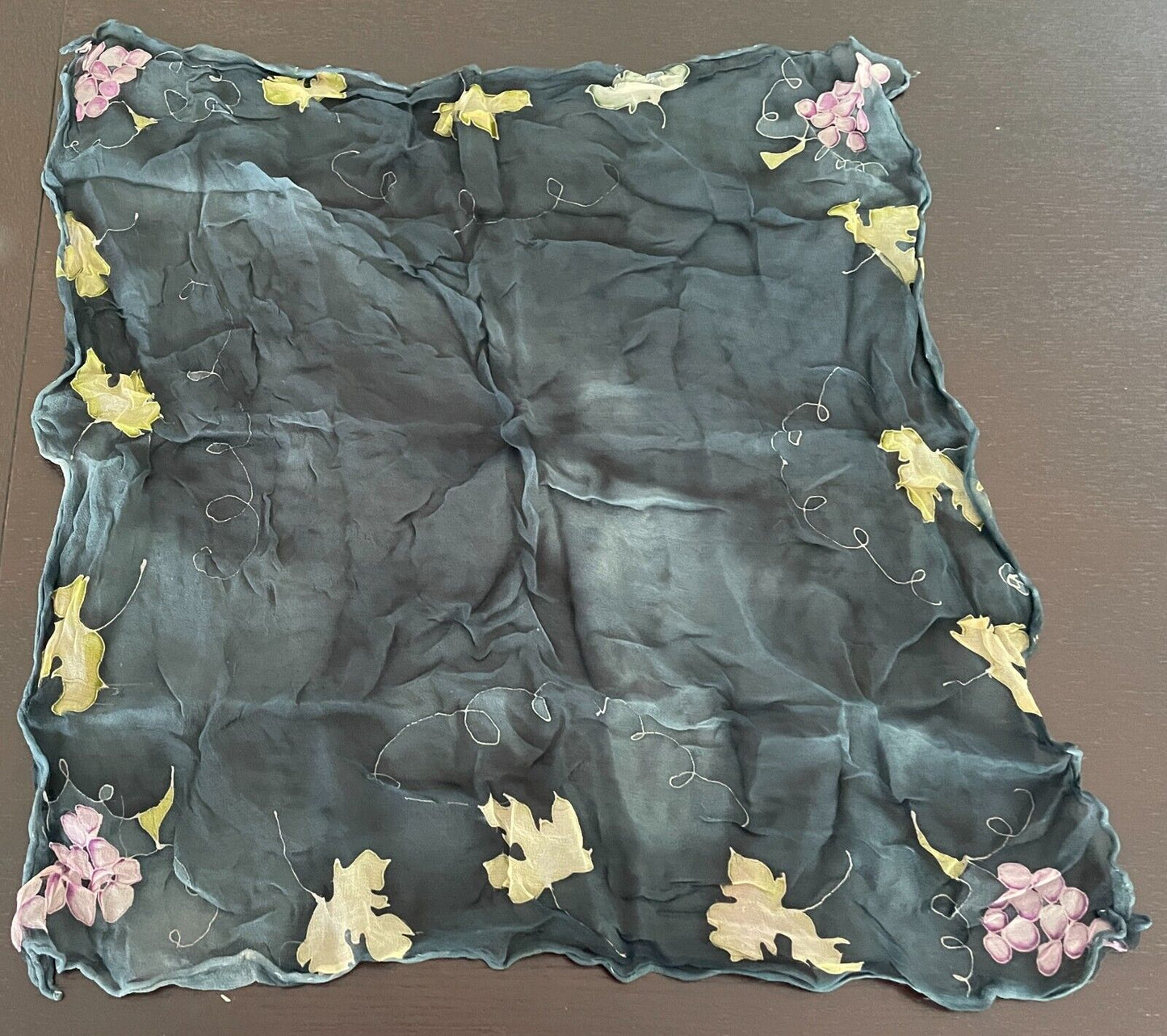 Silk NECK SCARF Dark Teal Ombre Yellow Purple Print Neckerchief Foulard 46cm Sq