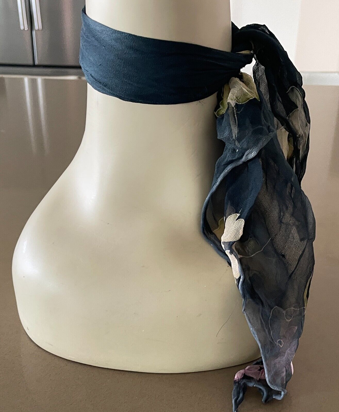 Silk NECK SCARF Dark Teal Ombre Yellow Purple Print Neckerchief Foulard 46cm Sq