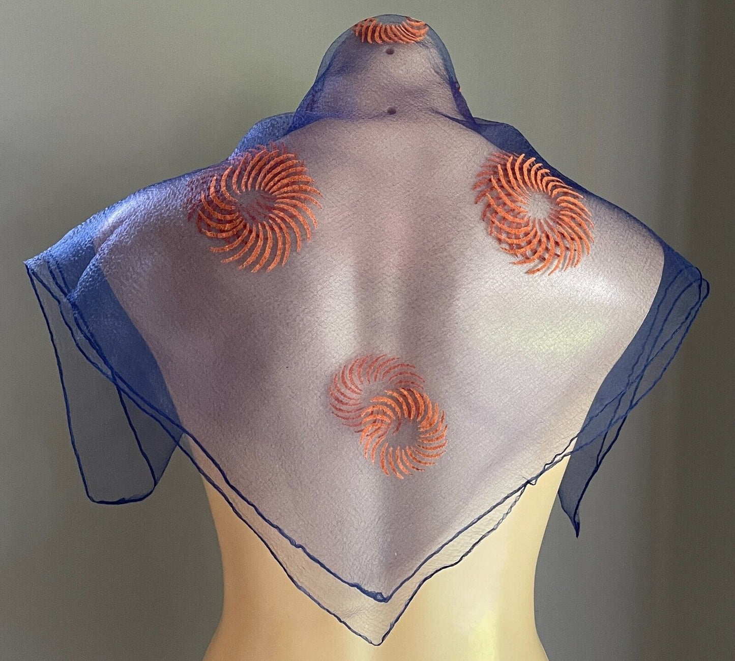 Square Nylon Neck Head Scarf Blue Orange Sun Swirl 64x68cm Vintage 1960s