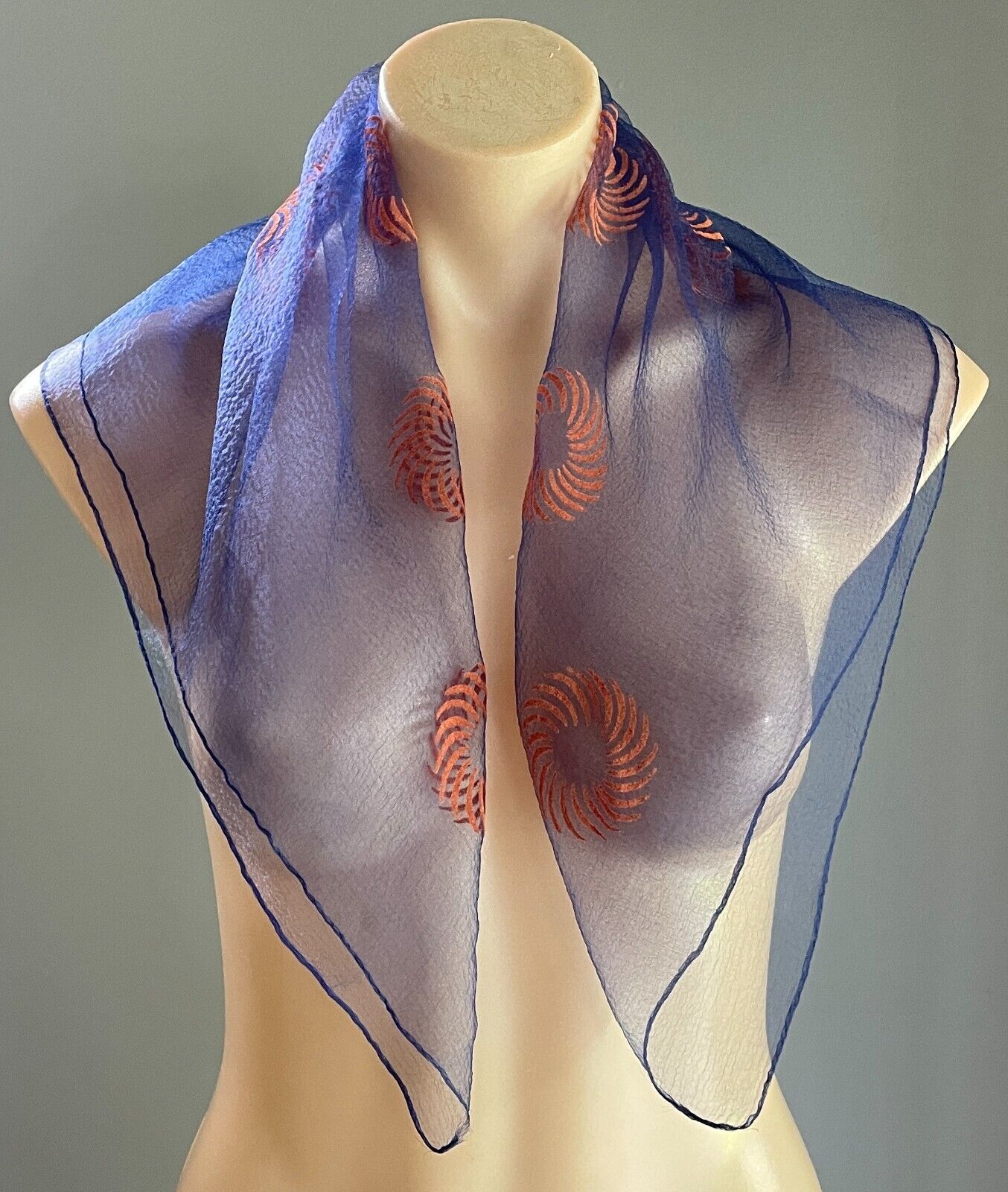 Square Nylon Neck Head Scarf Blue Orange Sun Swirl 64x68cm Vintage 1960s