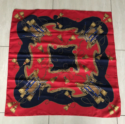 78cm Square Neck Scarf Italian Red Navy Blue Gold Horse Saddle Tassel Print