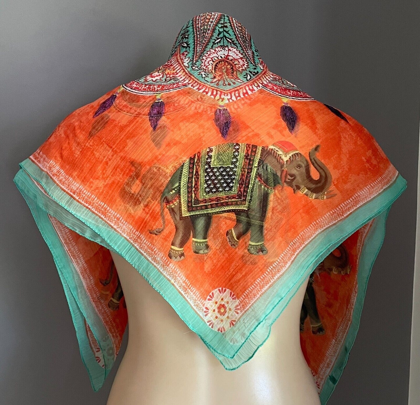 SPORTSGIRL  SCARF 82cm Square NeckOrange Base Elephant Paisley Print Mandala