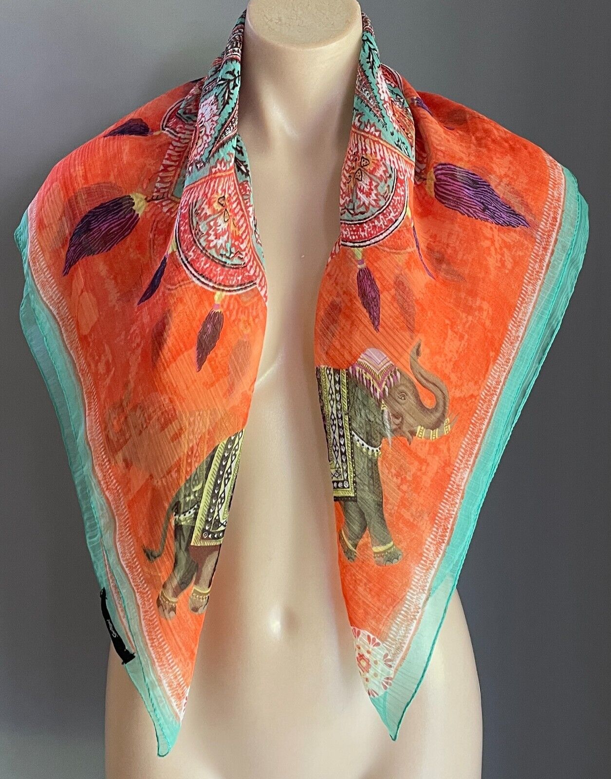SPORTSGIRL  SCARF 82cm Square NeckOrange Base Elephant Paisley Print Mandala